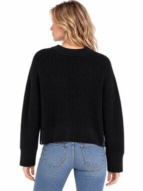 VETTA Waffle Oversized Sweater Black Small Organic Cotton Zip Cuff Crewneck USA